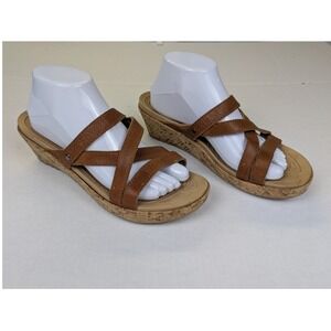 Crocs Leigh Wedge Sandals Womens 10 W Brown Leather Strappy Cork Heel Shoes Boho